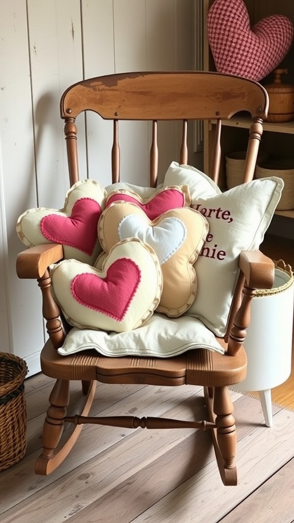 A collection of embroidered heart pillows on a wooden rocking chair