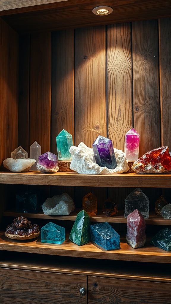 A wooden shelf displaying various colorful crystals, including amethyst, quartz, and blue-green stones, under warm lighting.