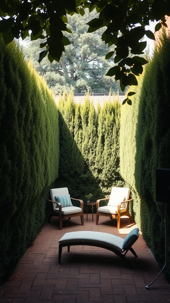 A cozy enclosed backyard area with chairs and greenery