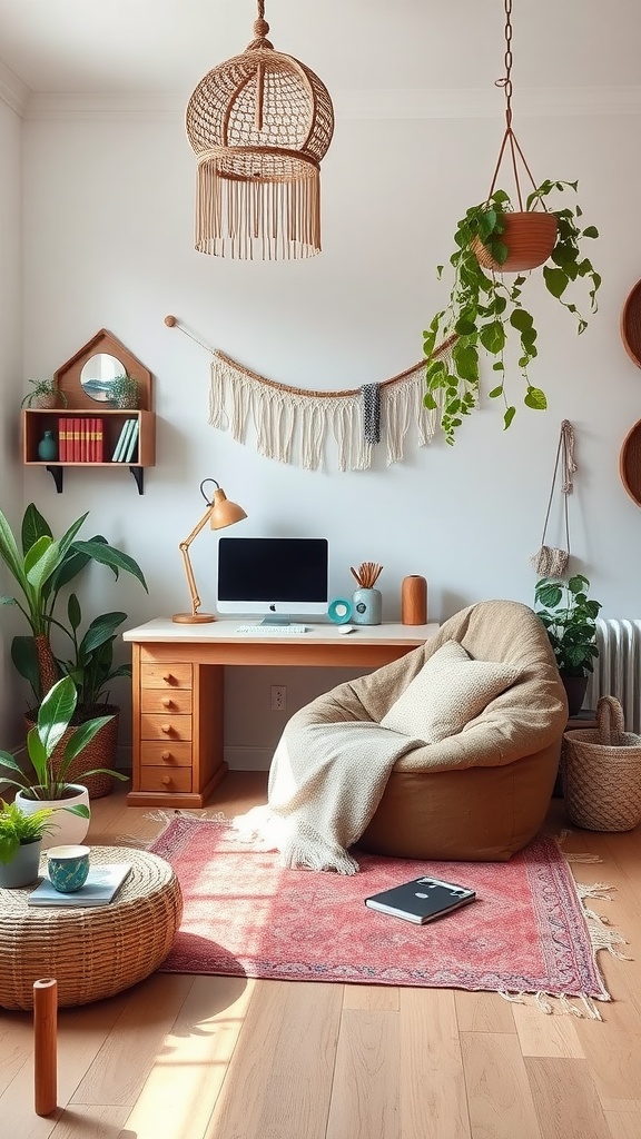 Cozy boho office space featuring a bean bag chair, plants, and a warm color palette