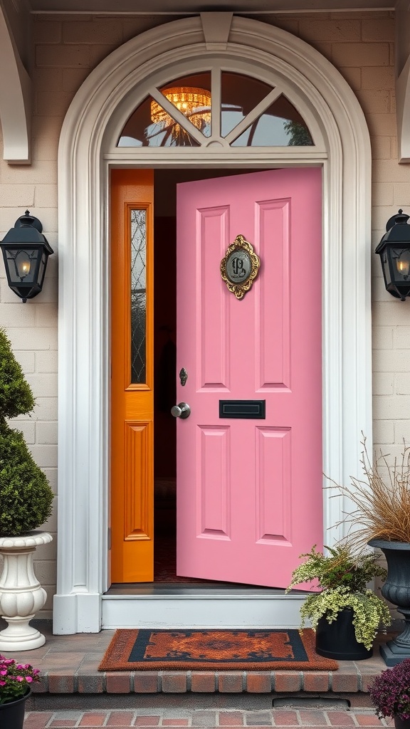 A vibrant pink door opens to reveal a bold orange door behind it, set against a neutral wall, with potted plants and an ornate doorbell.