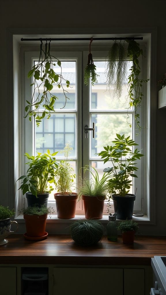 A bright kitchen window filled with various potted herbs and plants, showcasing a vibrant indoor garden.