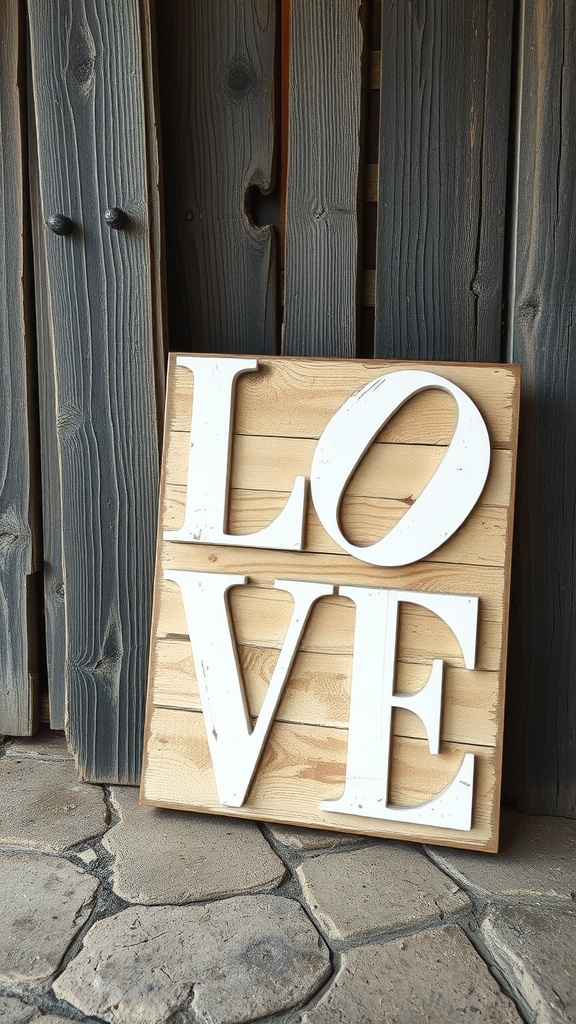 A wooden sign with the word LOVE on a rustic background.