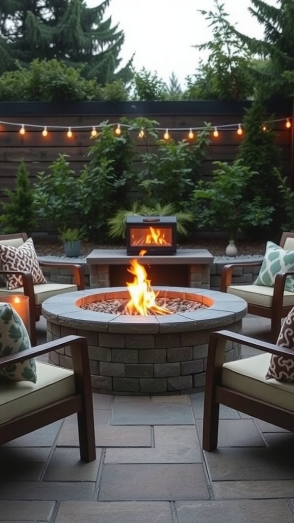 A cozy fire pit surrounded by comfortable seating and greenery.