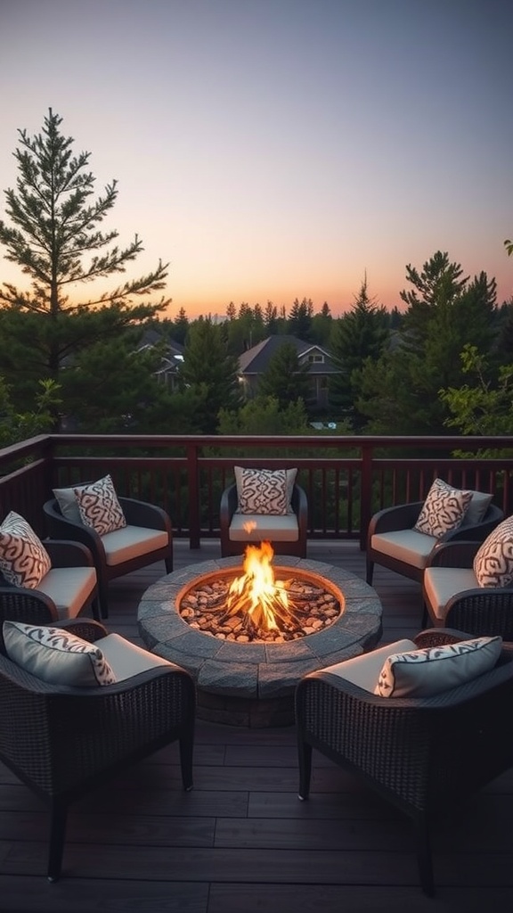 A cozy fire pit seating area with six chairs around a stone fire pit, set against a sunset backdrop.