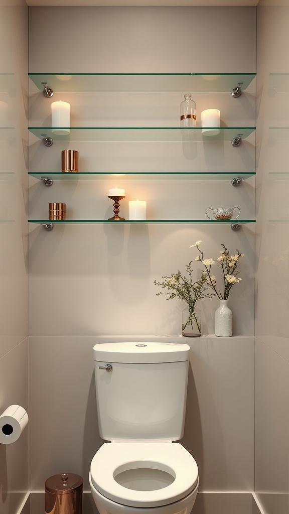 Floating glass shelves above a toilet with candles and a flower vase.