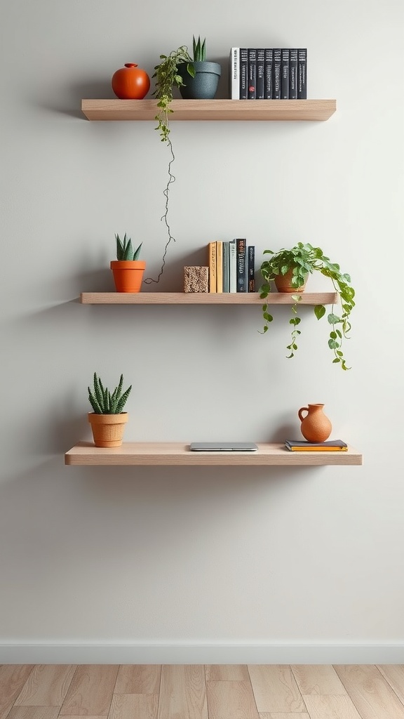 A compact desk below floating shelves with books and potted plants.