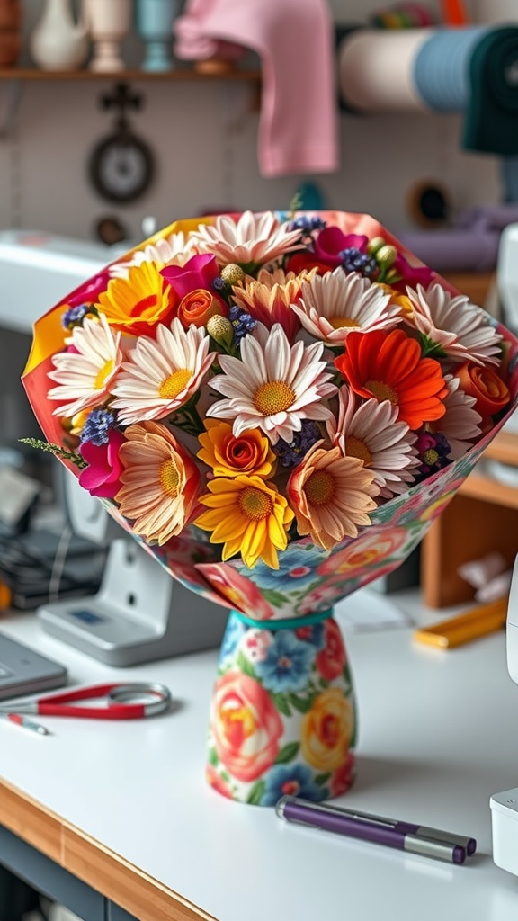 A vibrant bouquet wrapped in a floral fabric swatch, sitting on a table with crafting supplies.