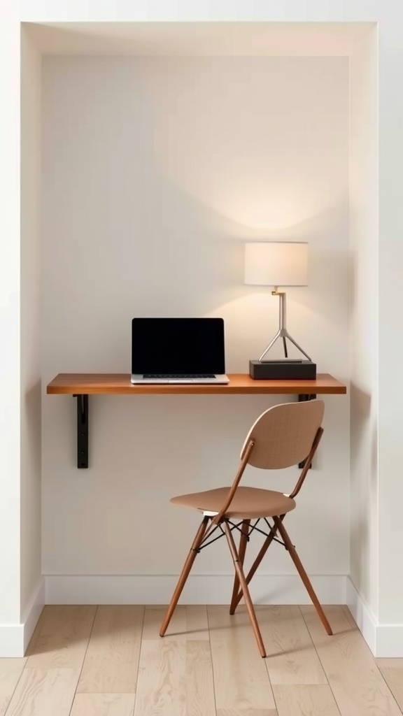 A simple foldable wall-mounted desk with a laptop and lamp, accompanied by a chair.