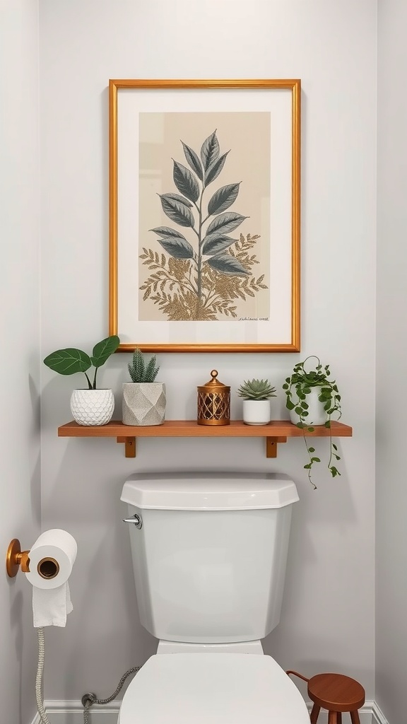 Bathroom shelf decor featuring framed botanical artwork and various plants.