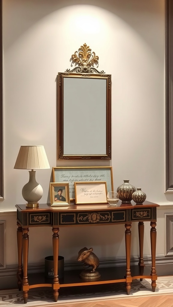 A beautifully framed mirror above an elegant console table with decorative items.