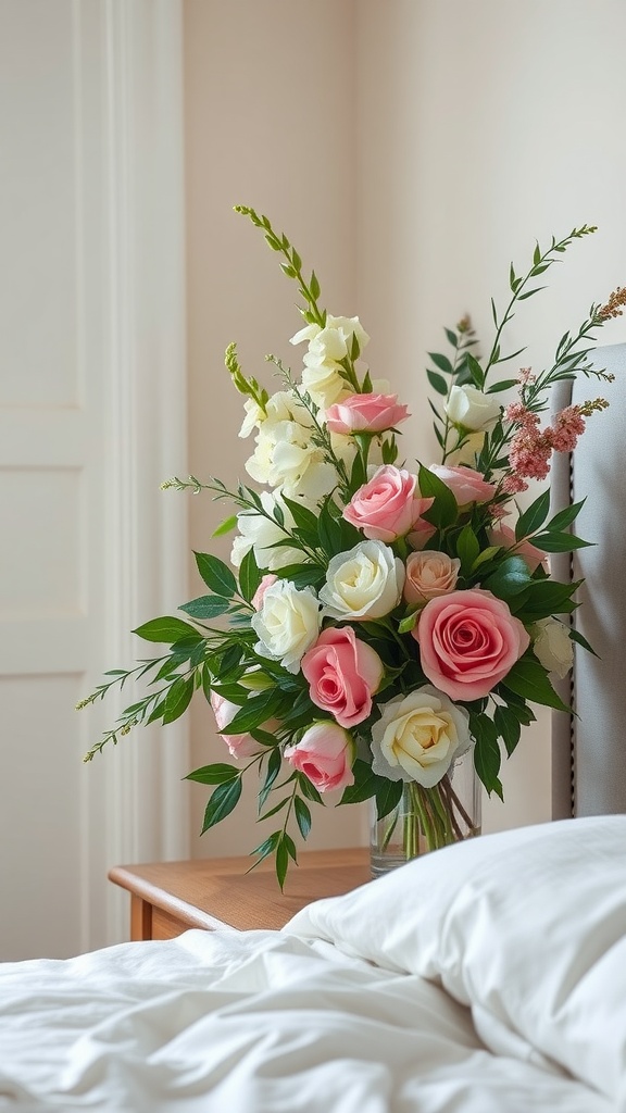 A vase filled with pink and white roses and greenery on a bedside table in a cozy bedroom