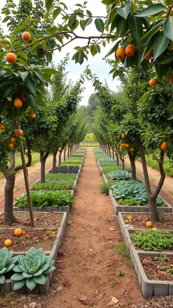 Pathway between orange trees and vegetable beds in a garden