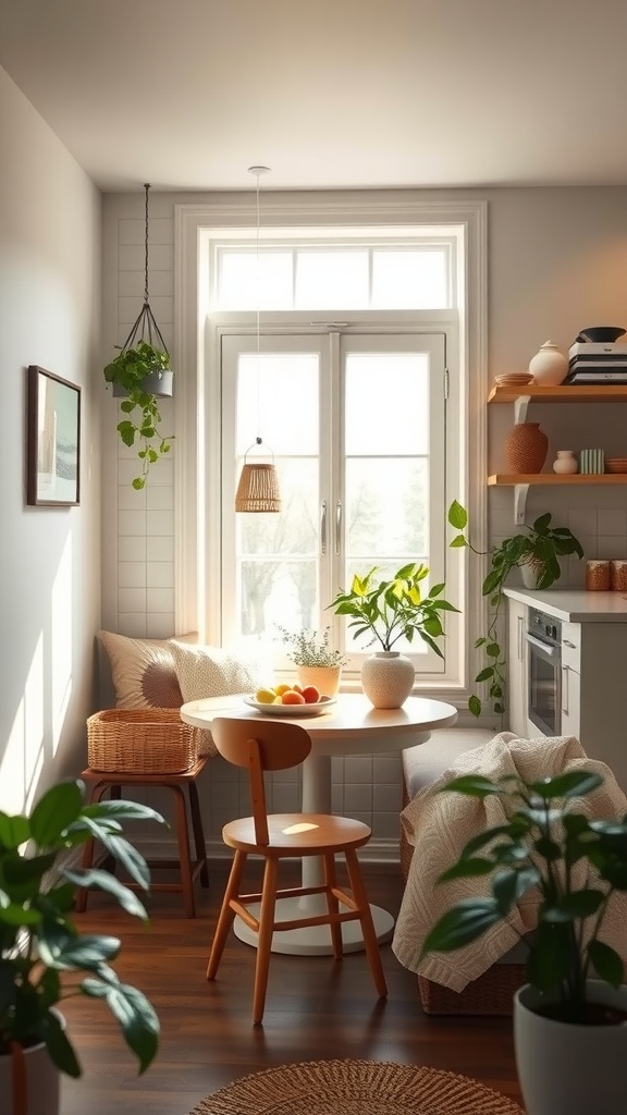 A bright and cozy breakfast nook featuring a small round table with fruits, surrounded by plants and soft furnishings, illuminated by natural light.