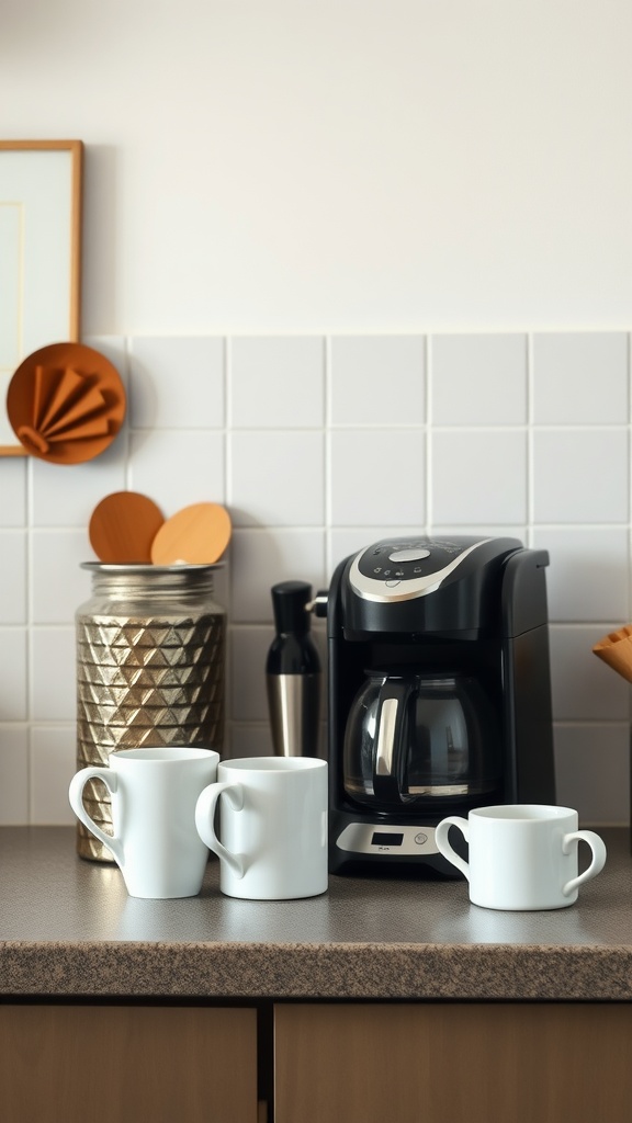 A coffee station with a coffee maker and white mugs on a kitchen counter.