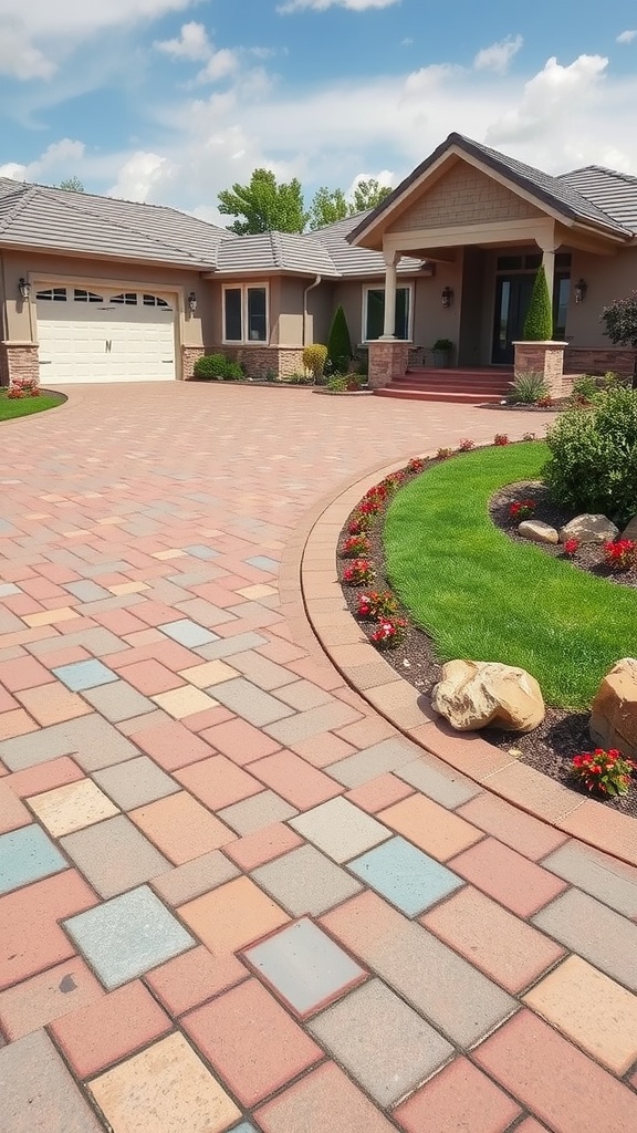A beautifully paved driveway with colorful pavers, surrounded by green grass and flowers, leads to a modern home.