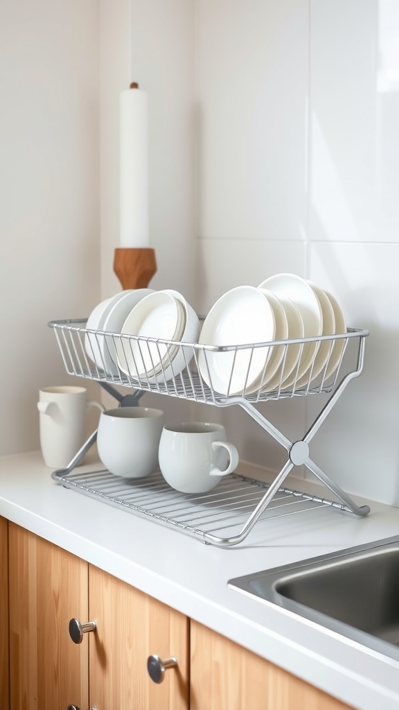 A silver drying rack with white plates and mugs on a kitchen counter.