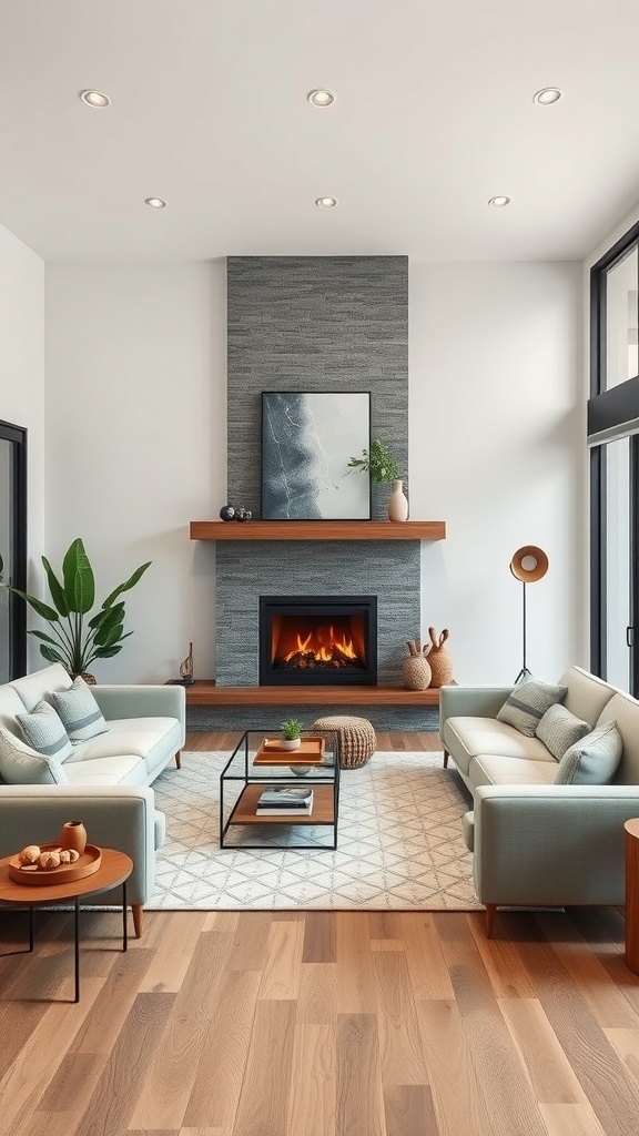 A modern living room with two sofas, a fireplace, and a cozy atmosphere.