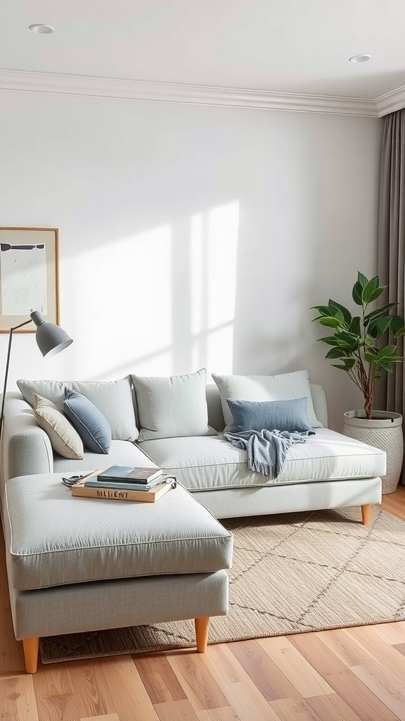 A stylish living room featuring a light grey couch, a coffee table with books, and a plant, showcasing a cozy and functional design.