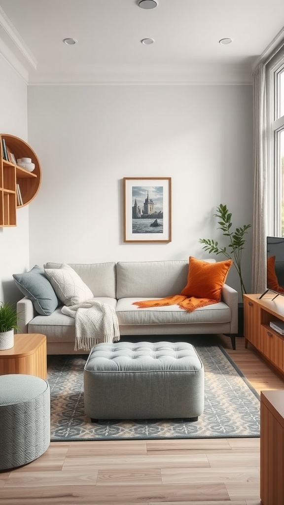 Cozy living room with a gray sofa, orange pillows, multi-purpose ottoman, and decorative shelves.