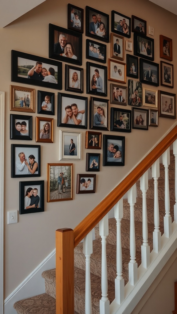 Gallery wall featuring framed family photos on a stairway wall.