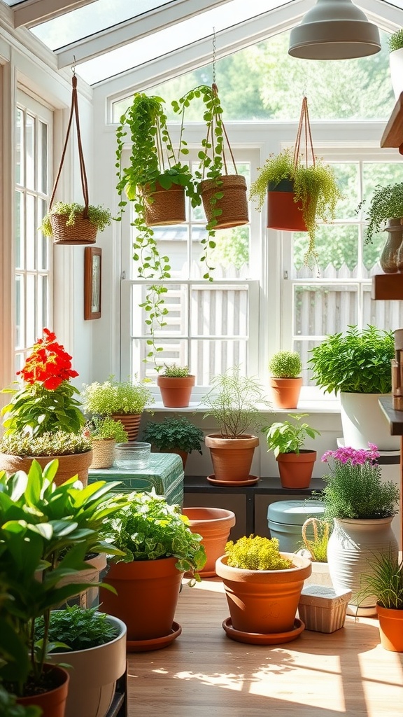 Indoor planters with a mix of hanging and potted plants arranged in a bright room.