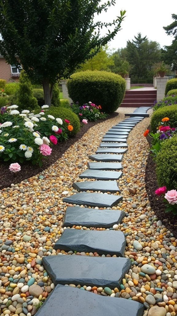 Garden pathway made of stones and pebbles surrounded by flowers and greenery.