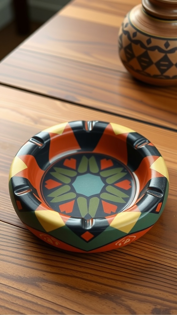 A colorful geometric patterned clay ashtray on a wooden table.