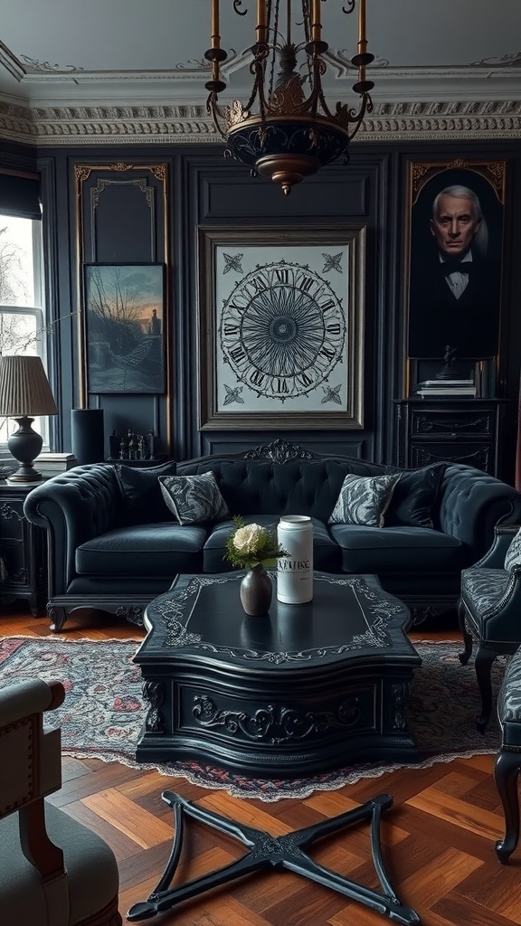 A cozy living room with Gothic-inspired furniture, featuring a black sofa, ornate coffee table, and dark decor.