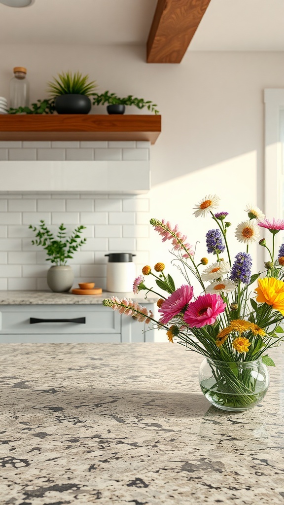 A kitchen featuring granite countertops with a wildflower bouquet, wooden beams, and open shelving