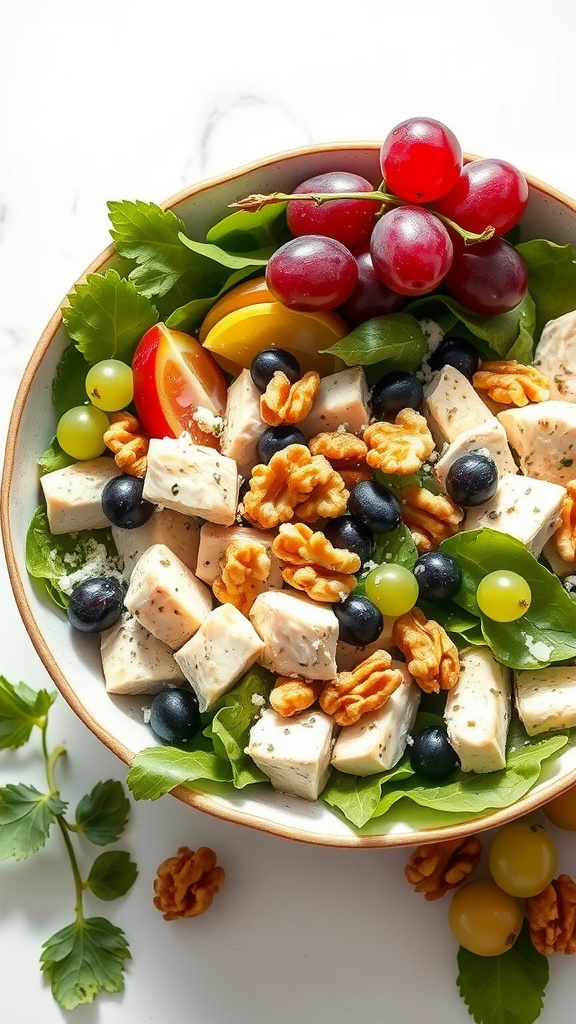 A bowl of Greek yogurt chicken salad with greens, walnuts, and colorful grapes.