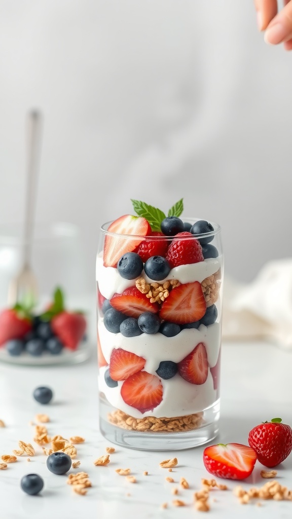 A delicious Greek yogurt parfait with layers of berries and granola