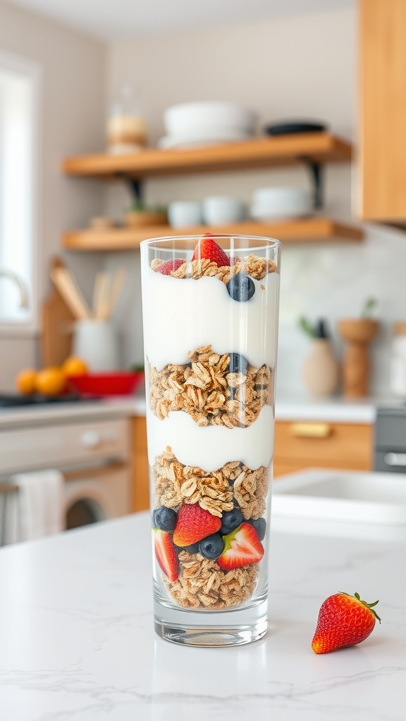 A tall glass filled with layers of Greek yogurt, granola, and berries.