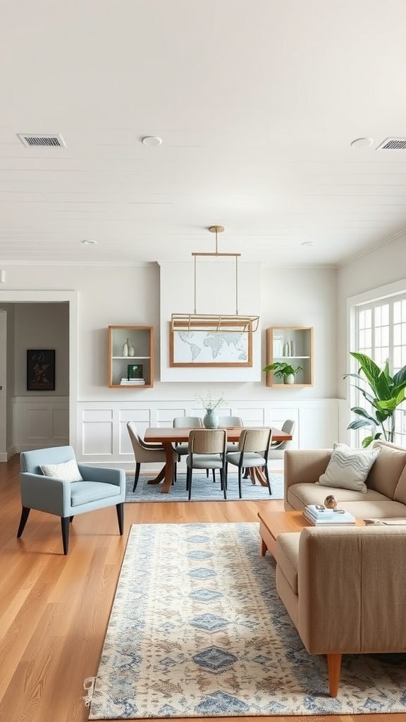 Living room with half wall wainscoting, a dining area, and modern decor.