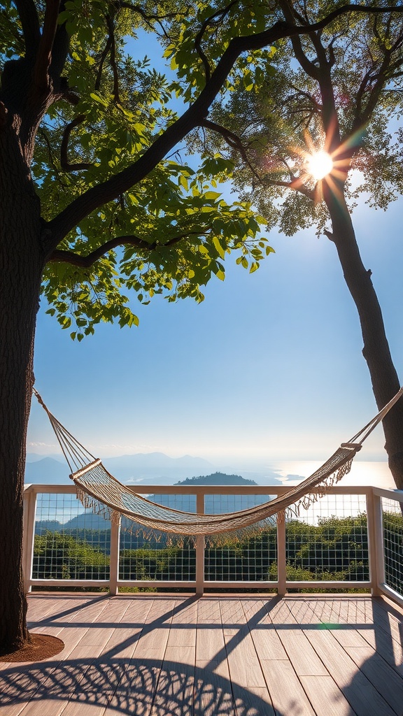 A hammock hangs between two trees on a deck, overlooking a beautiful landscape with sunlight shining through the leaves.