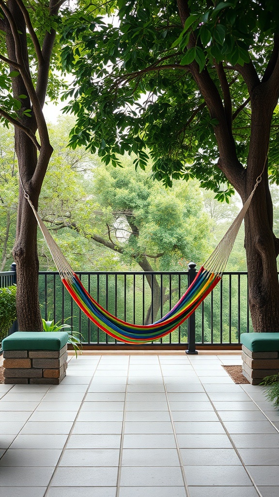 A vibrant hammock hanging between two trees on a patio, surrounded by greenery and cozy seating.
