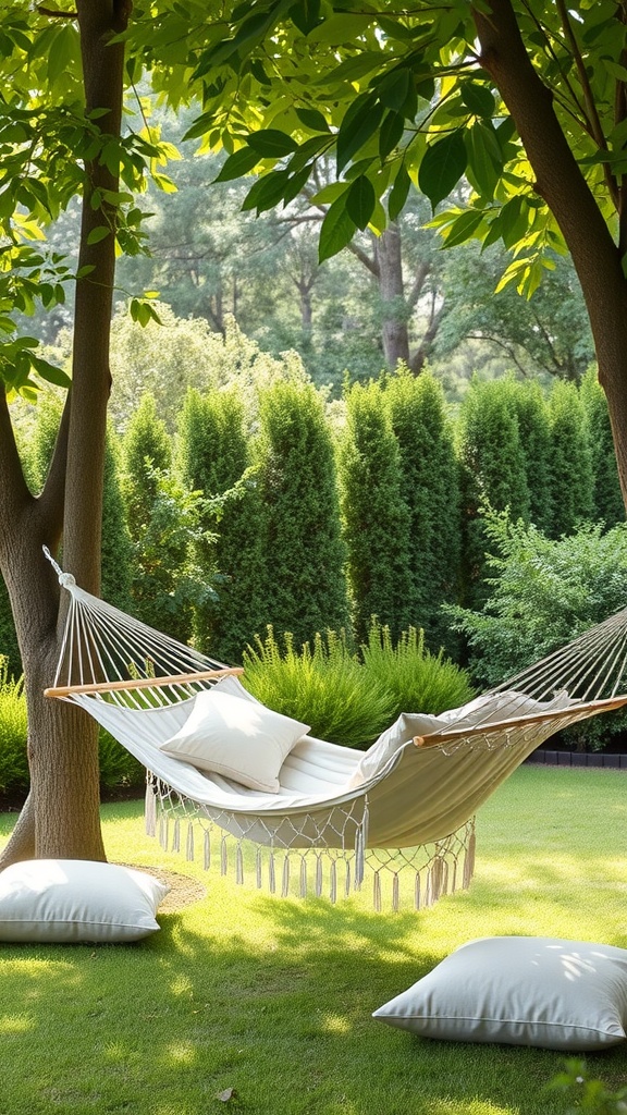 A peaceful hammock between trees with plush pillows in a lush backyard setting