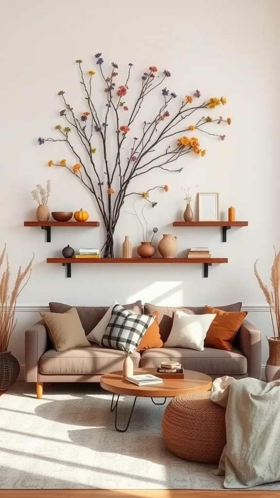 Handcrafted nature-inspired wall art featuring a tree made of twigs and colorful dried flowers on a wall above a cozy sofa.