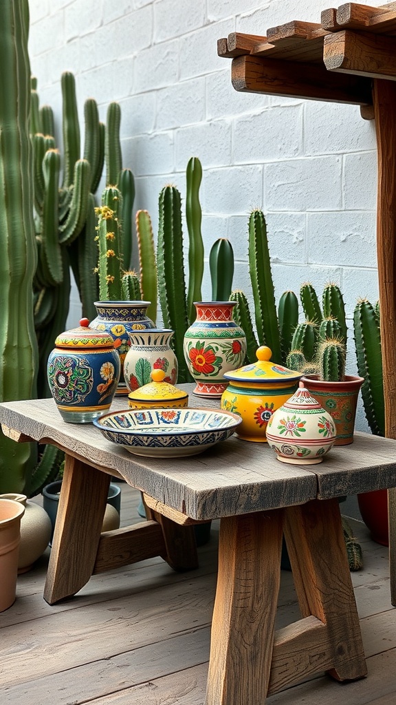 Colorful Talavera pottery displayed on a wooden table with cacti in the background.