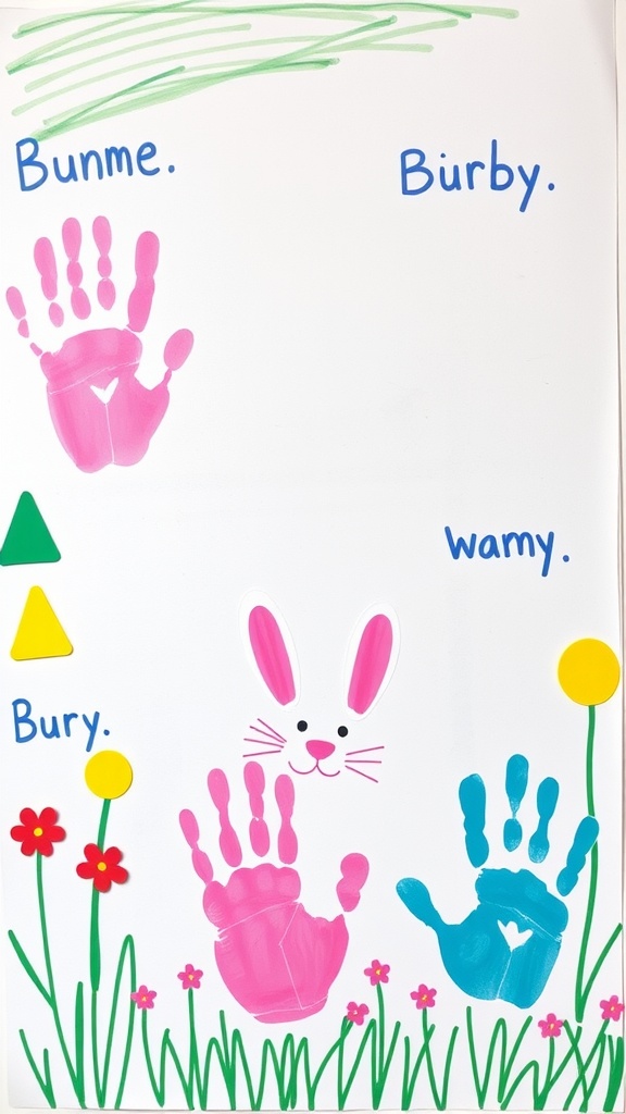 A colorful handprint art project featuring pink and blue handprints as bunnies, with flowers and a bunny face drawn above.