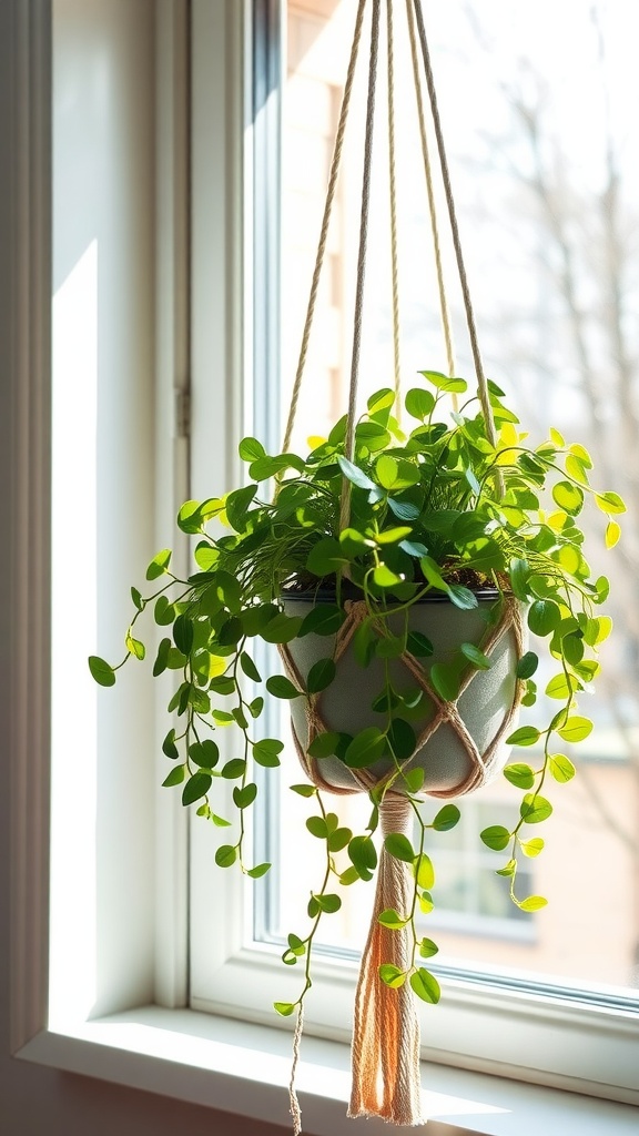 A green jade plant in a hanging pot near a bright window