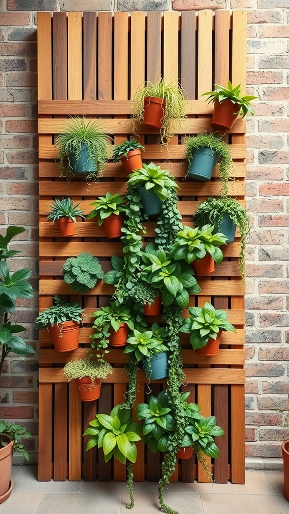 A vertical planter wall displaying various green plants in colorful pots on a wooden backdrop.