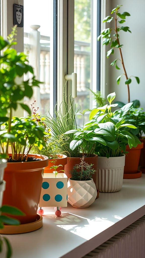 A bright window sill filled with various potted herbs and plants, showcasing a vibrant green sanctuary.