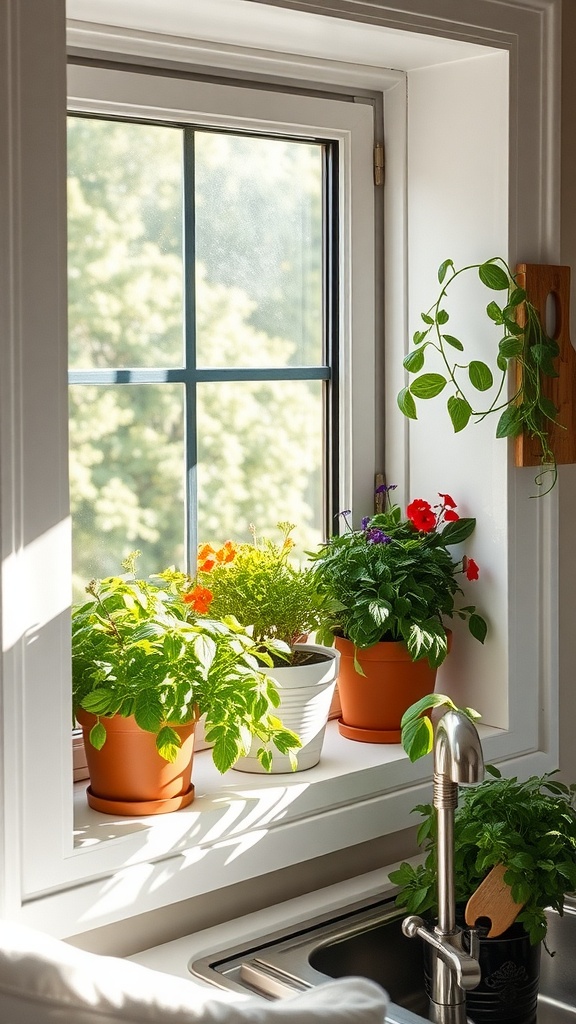 Brightly lit kitchen windowsill with potted herbs and flowers