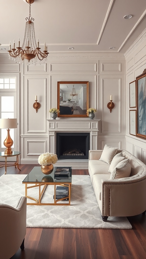 A stylish living room with high gloss wainscoting, elegant chandelier, and modern furniture.