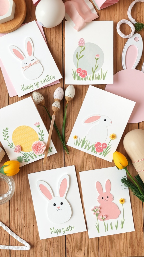 A collection of homemade Easter cards featuring bunnies, flowers, and colorful designs.