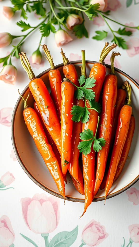 7 Delicious Easter Recipes You’Ll Want To Make 3 A bowl of honey glazed carrots garnished with fresh parsley.