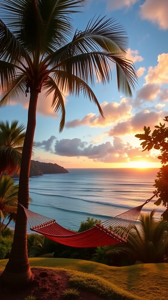 A serene view of a hammock under palm trees overlooking a calm beach at sunset in Hawaii.