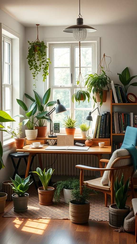 Cozy boho office with plants, a wooden desk, and natural light