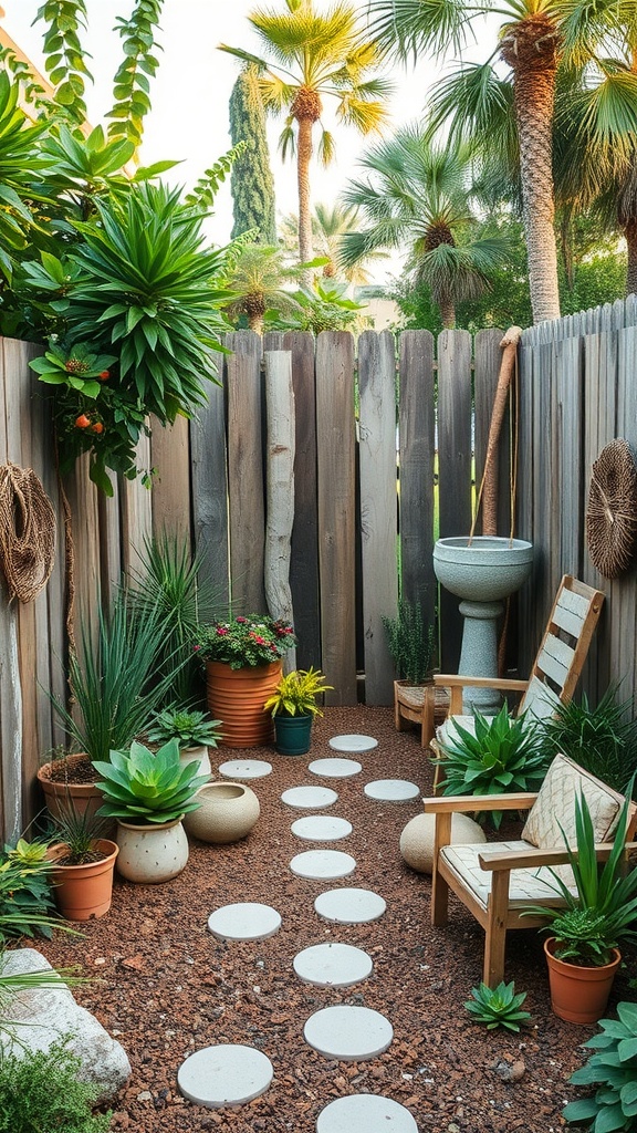 A serene outdoor garden with potted plants, stepping stones, and a comfortable chair